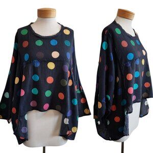 Bread & Butter Polka Dot Gauze Brushed Cotton Gray Lagenlook Boxy Top Blouse OS